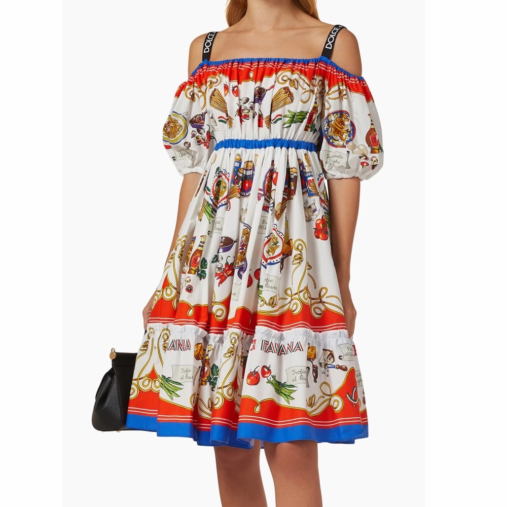 Dolce & Gabbana Pasta Print Capri Midi Dress Food Cold Shoulder Logo IT 38